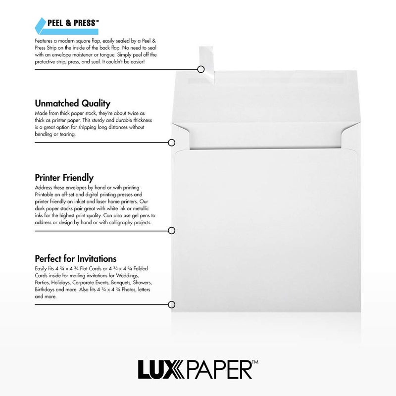 LUXPaper Square Invitation Envelopes | Peel & Press | 5" x 5" | Bright White | 70lb. Text | 50 Qty - Image 2